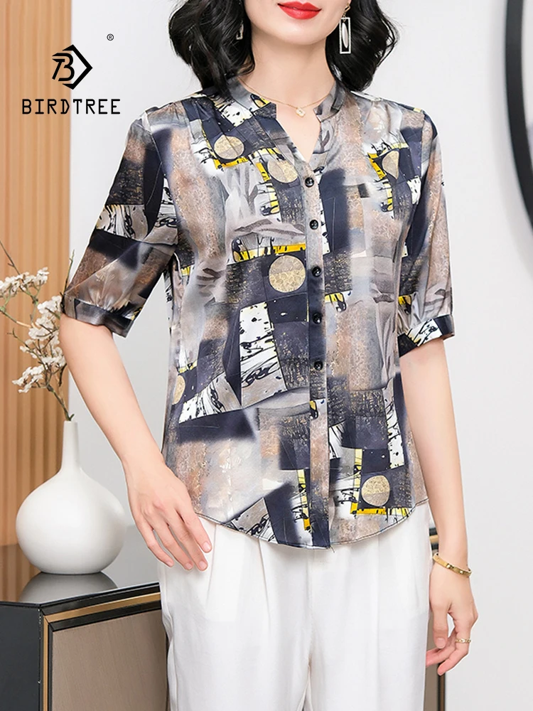 

BirdTree, 91%Real Silk Elegant Shirts, Women Short Sleeve Printed, Oversize Mom Commute Fashion Blouses, 2024 Summer T444121QC