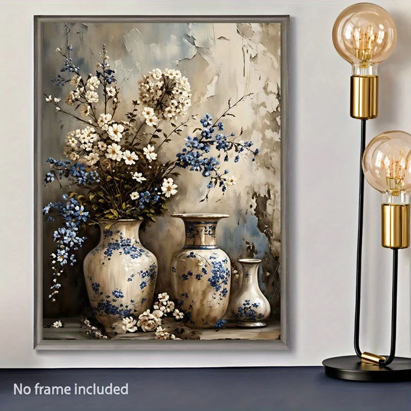 Vintage Blue and White Floral Canvas Print – Rustic Farmhouse Wall Art with Blue Hydrangeas and White Daisies, Unique Decor for