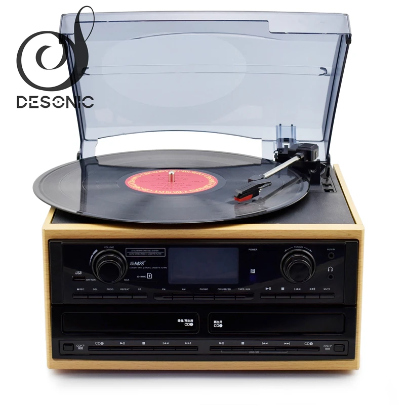 FACTORY SUPPLY ALL IN ONE MUSIC CENTER DUAL CD PLAYER RECORD PLAYER VINYL TURNTABLE BT USB SD RECORDING &  CASSETTE  RADIO