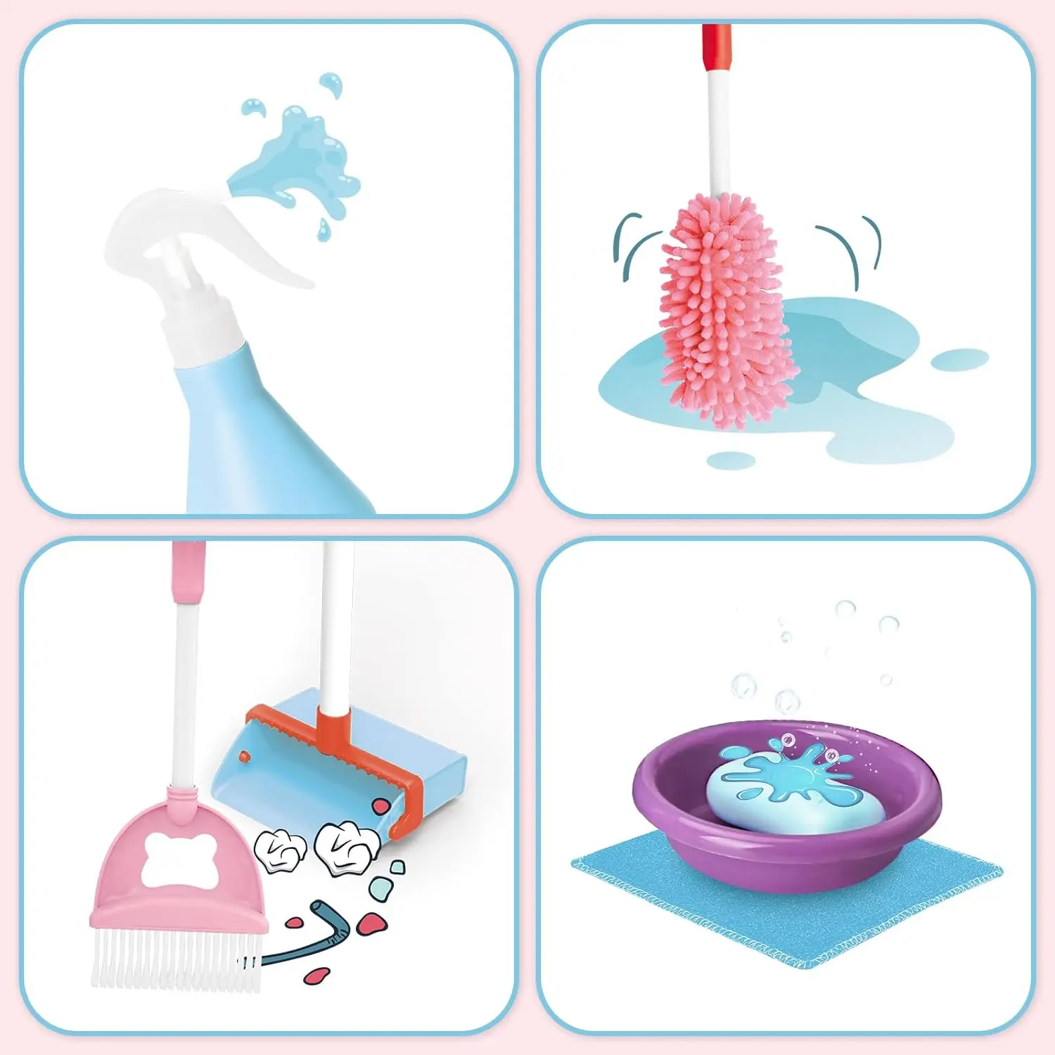 Giocattoli per bambini Set per la pulizia Bambini Giochi di finzione Pulizia della casa Playset Scopa Paletta Mop Spolverino Strumenti per la pulizia Giocattoli per ragazzi Ragazze