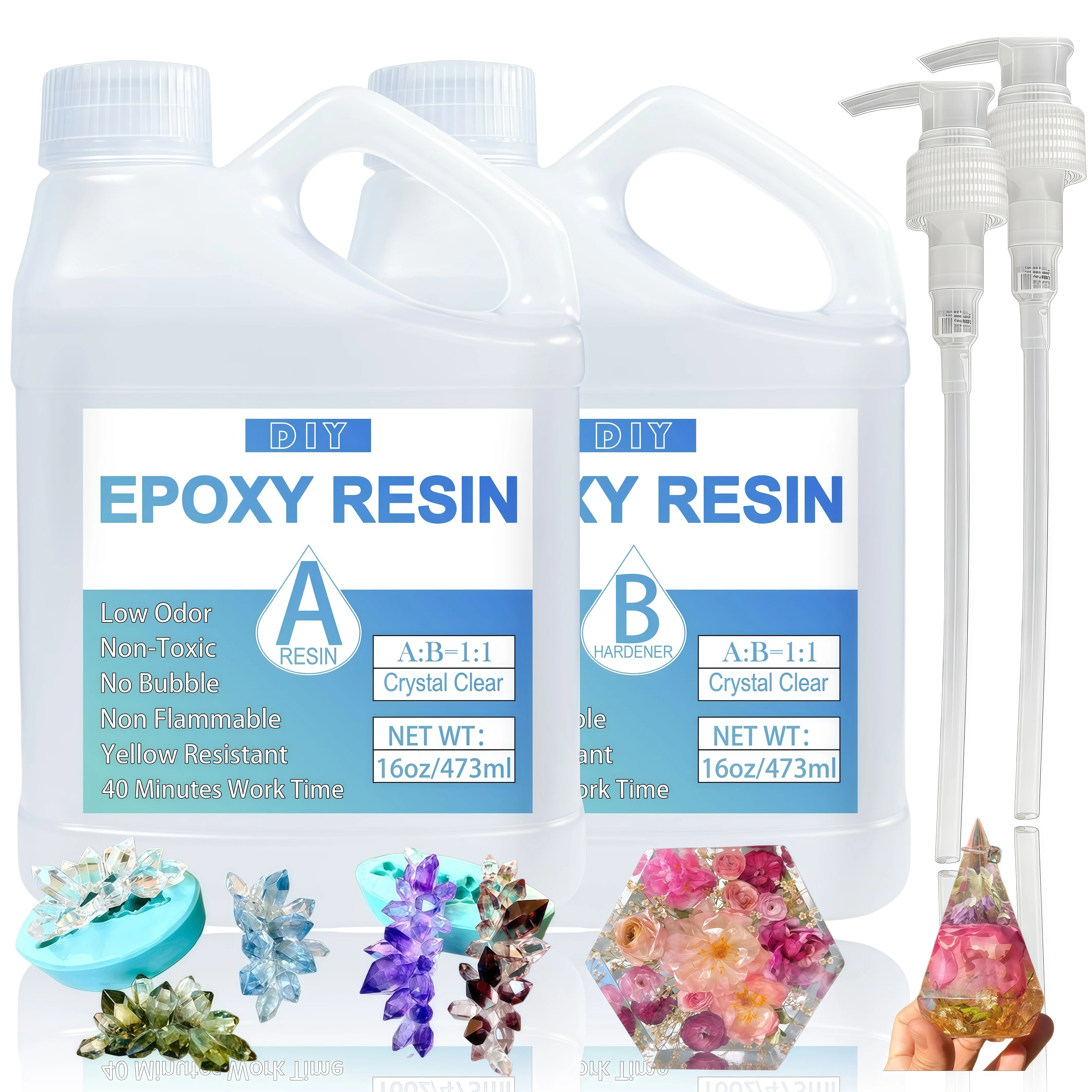 Epoxy Resin with Pumps, Bubble Free Resin Epoxy Kit, Crystal Clear Epoxy Resin and Hardener for DIY Art, Molds,Craft