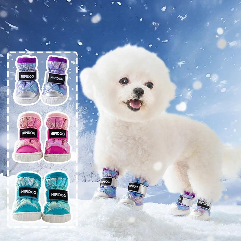 

4pcs Winter-Proof Dog Shoes Gradient Design Thickened Plush Lining Snow Boots for Small Medium Breeds Dog Non-Slip Foot Cover