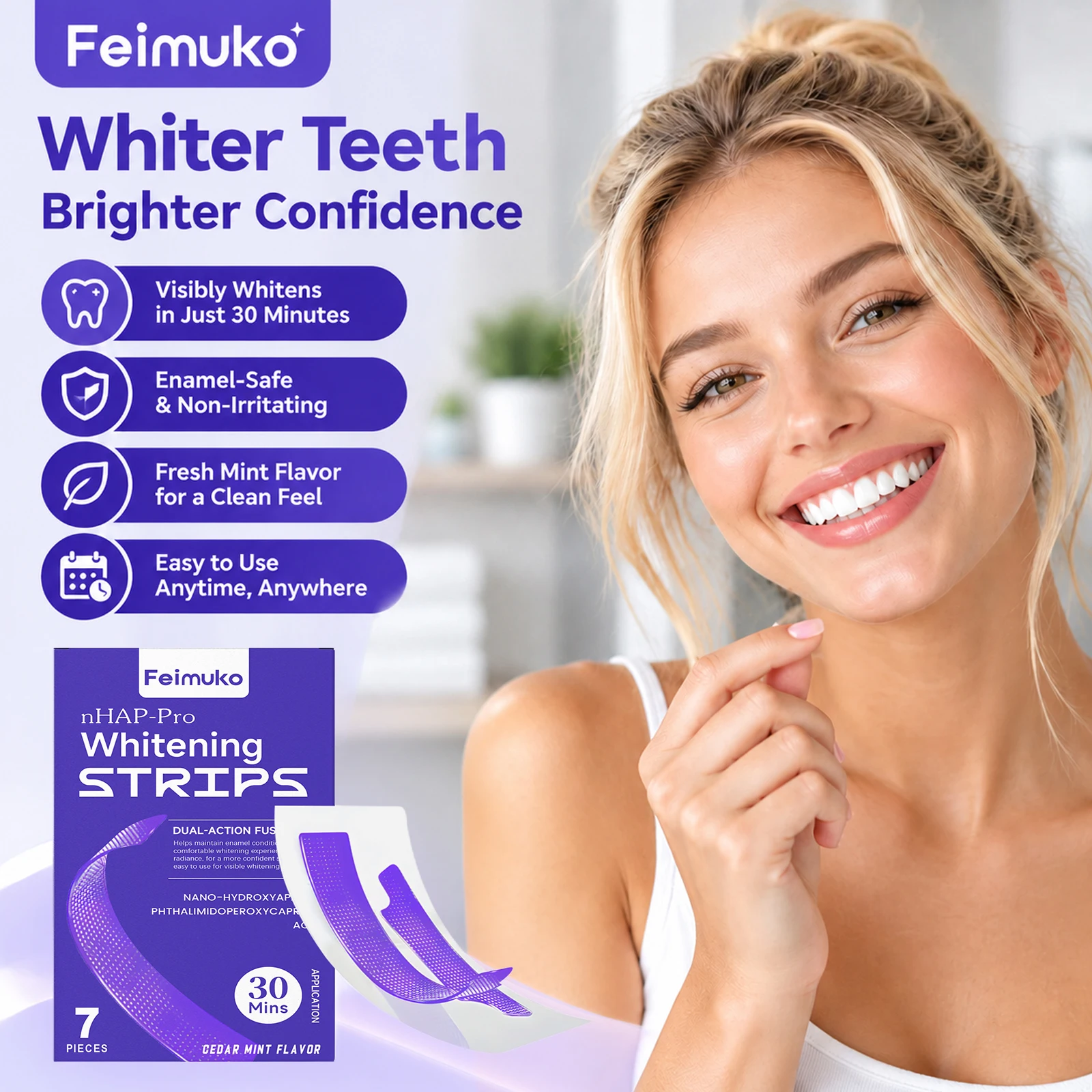 Feimuko Purple Teeth Whitening Strips Color Correction Coffee Wine Clean Stain Remover Mint Brighten Natural Gloss Teeth Strips