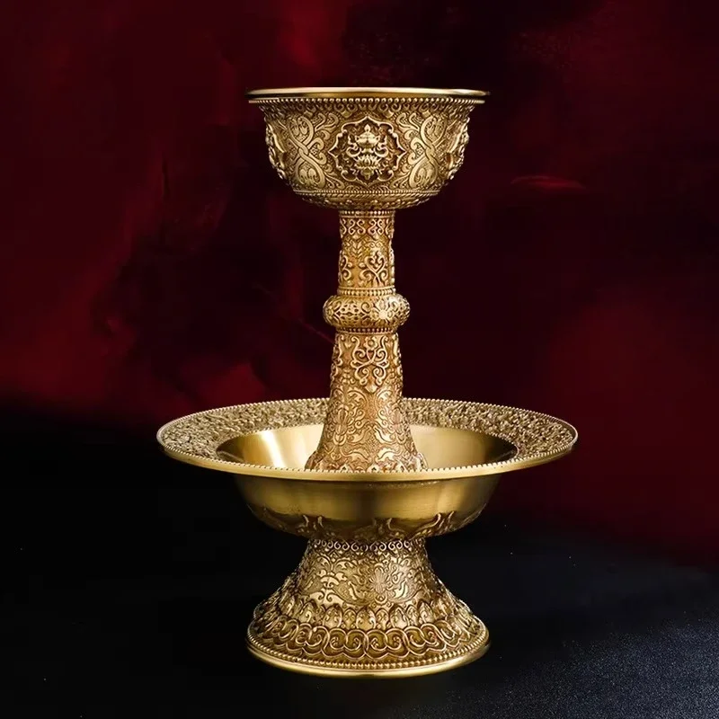 Brass Dharma Cup with Carved Pattern, Ritual Vessel for Altar & Zen Space, Buddhist Altar Ware, Creative Home Decor Accent