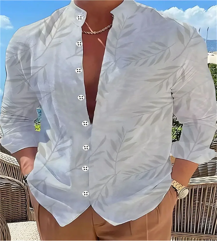 Vintage Mens 100% Cotton Linen Shirts Long-Sleeved Stand Collar Casual Tops 2024 Spring Summer Fashion Men Clothing Retro Shirt