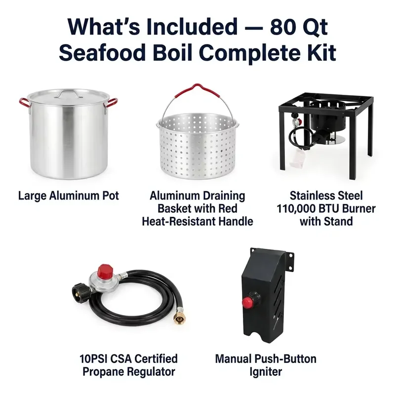 80L Stainless Steel Seafood Boiler with Burner Basket 110000 BTU LPG Gas Cooker CSA Certified 45lb Capacity Outdoor Cooking