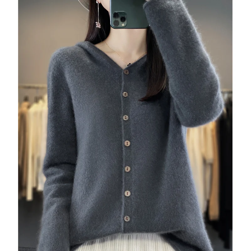 High End Cashmere 23 Autumn/Winter New Thin Coat Women\'s 100%Wool  Hooded Sweater With Button Up Casual Loose Cardigan Versatile