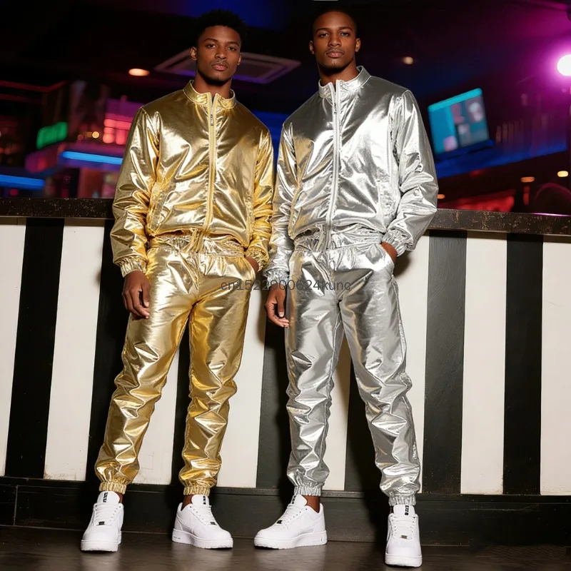 

New Men's Windbreaker Jackets Nightclub Stage Party Costume Set Streetwear Harajuku Hip Hop Reflective Jacket Gold Fashion Coats