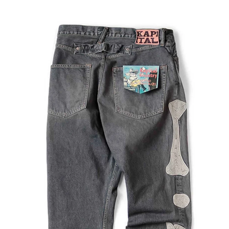 High Quality KAPITAL Hirata Kazuhiro Bone Skeleton Embroidered Pattern Casual Jeans for Men