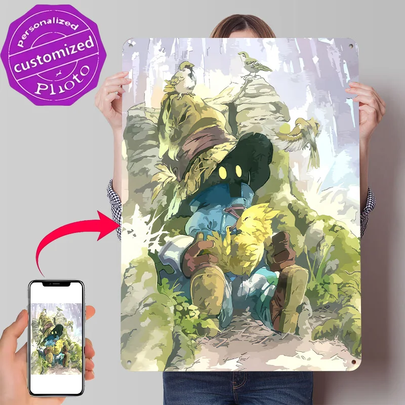 Vivi Ornitier mit Chocobo und Vögeln Poster Retro 3D-gedruckte Metallschilder Individuelles Wandbehang-Geschenk für moderne Heimdekoration