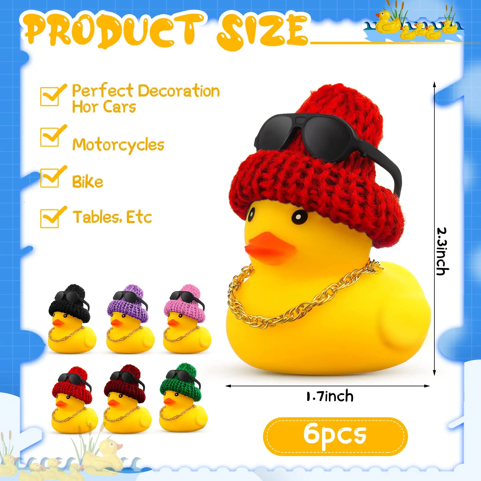 Rubber Duck Car Dashboard Ornaments, Chapéu Amarelo, Colar, Óculos De Sol, Decorações De Carro, Em Massa, 6Pcs, 12 Pcs, 36Pcs