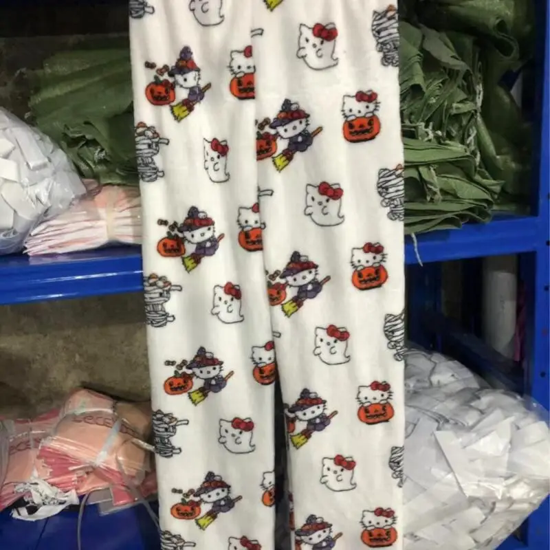 Kawaii Hello Kitty flanelle pyjama pantalon filles pantalon automne et hiver corail velours épaissi Plus velours chaud décontracté maison pantalon