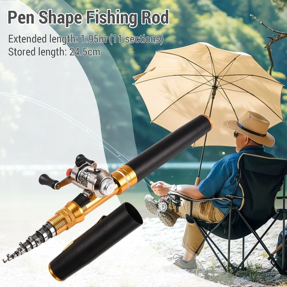 1.95m Length Pen Fishing Rod Kit with Mini Reel with 100m Line Pocket Fishing Rod Set Fishing Reel Combo Reservoir Fishing
