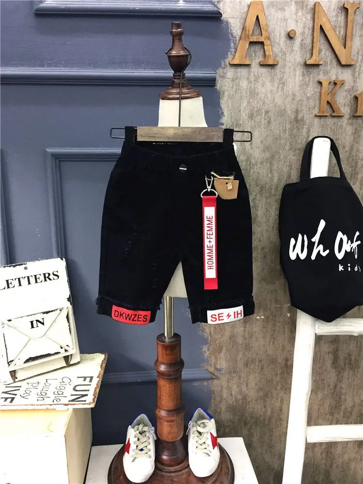 Summer children's shorts new boys' ripped jeans thin 2025 mid length cotton pants