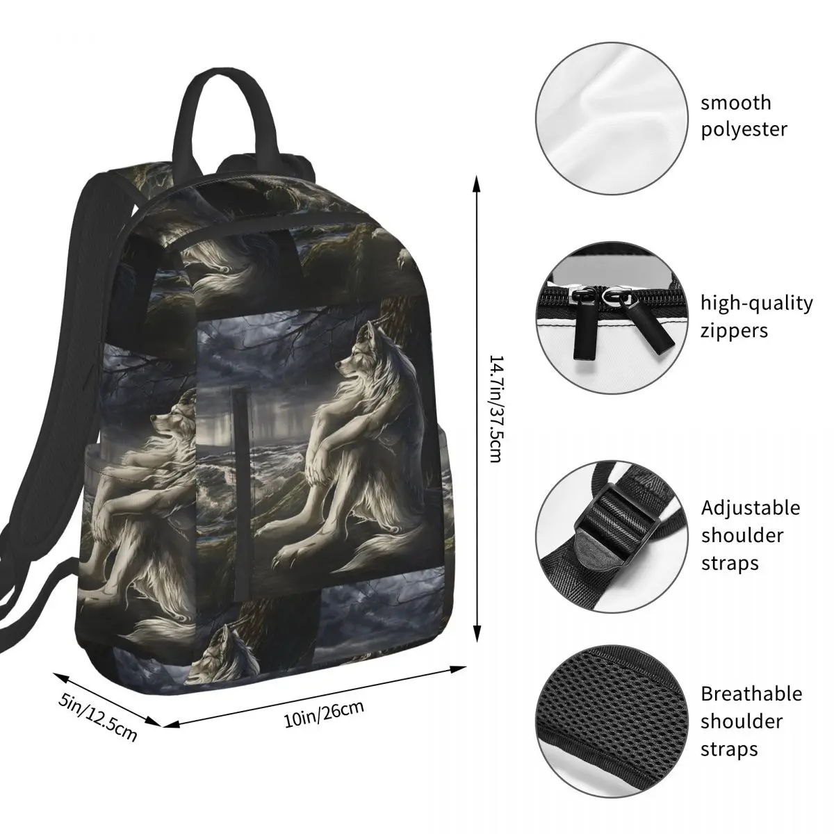 Emo White Wolf Sitting Sad Meme Backpack Student BookBag Boys Girls School Bag Computer Shoulder Bags Men Women