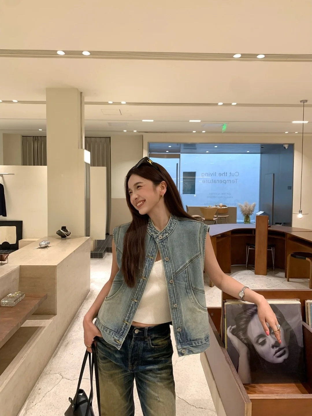 Stylish Denim Jacket Trendy Fashionable 2026 New All-Match Shoulder Vest Top for Girls Streetwear Cotton Polyester Blend