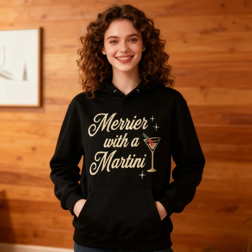 

Забавный рождественский свитер Merrier with A Martini, повседневные толстовки для праздничной вечеринки, женская рождественская модная одежда, топ для влюбленных Martini
