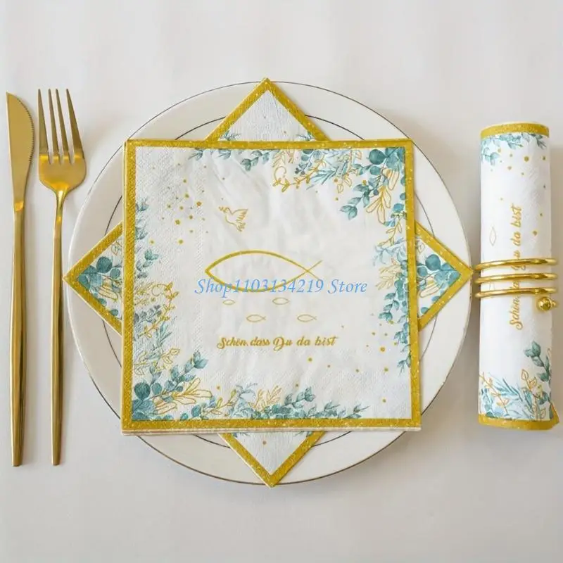 

N5KC Baptisms Confirmation Party Napkins Paper Featurings Delicate Eucalyptuses Fish Artwork for Christening, Communion