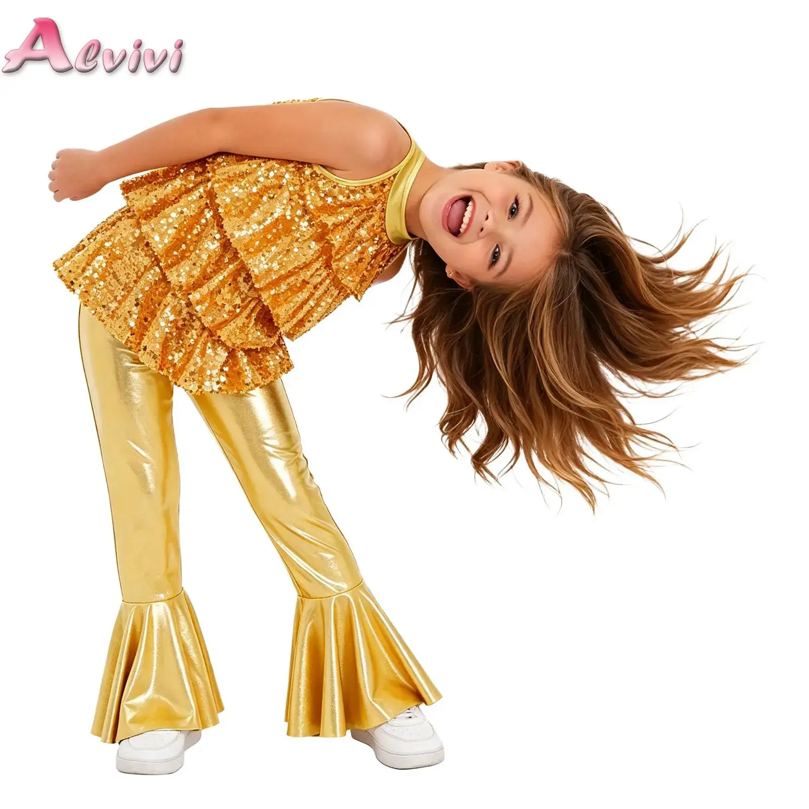 

Kid Girls Sparkling Sequin Tiered Ruffles Jumpsuit Halter Sleeveless Bell-Bottom Bodysuit for Jazz Dance Party Stage Performance