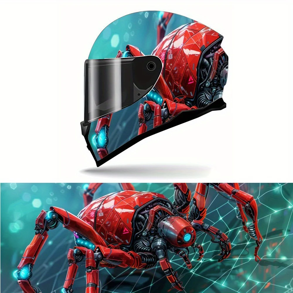 Red mechanical spider, blue technological spider web Print Full Helmet Wrap Sticker Motorcycle Helmet Racing Graphic Decal Vinyl