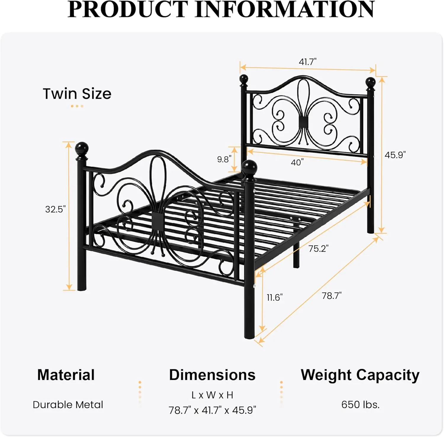 Bed Frame for Kids,Metal Bed Frame with Butterfly Pattern Design Headboard and Footboard,No Box Spring Needed,Easy Assembly,Blac