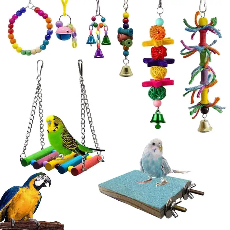 Bird Parakeet Cockatiel Toys 8 Pcs Bird Chewing Toys Foraging Shredder Toy Set Multicolored Parrot Cage Bite Toy Parakeet