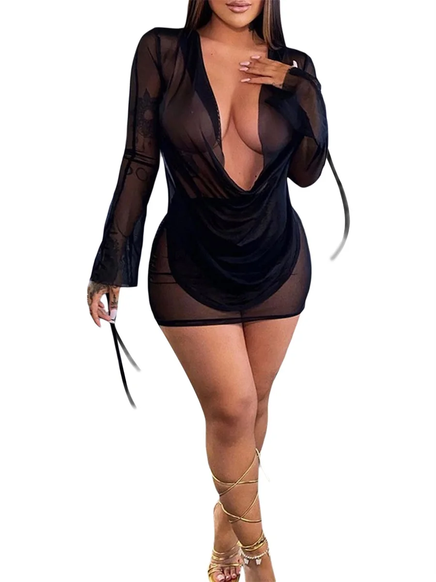 

Women Bikini Cover-Ups Solid Color Mesh See-Through Cowl Neck Long Sleeve Tie-Up Wrapped Hip Beach Mini Dress