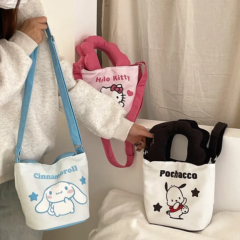 Miniso-Bolsa de Lona Anime Hello Kitty para Meninas, Bolsa Mensageiro Portátil de Ombro de Alta Capacidade, Bolsa de Lazer Bonito, Presente Menina Kawaii