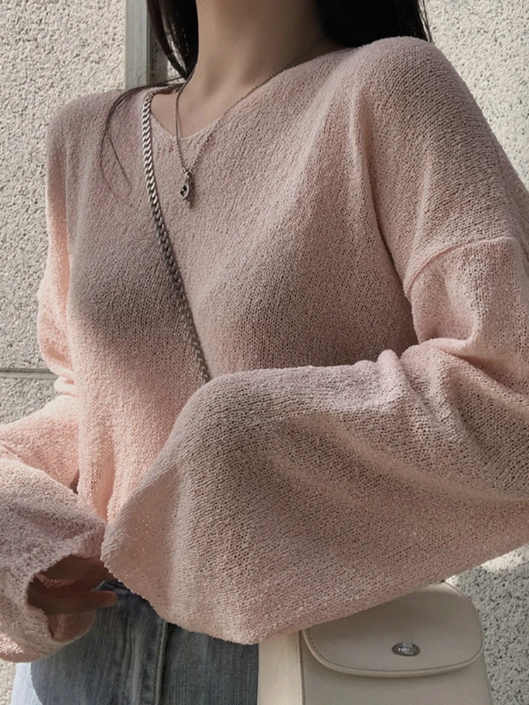 Autumn Winter Knitted Loose Women Sweaters chic See-through Jumper Pullover Long Sleeve Casual V-neck Pull Solid Femme Sweater