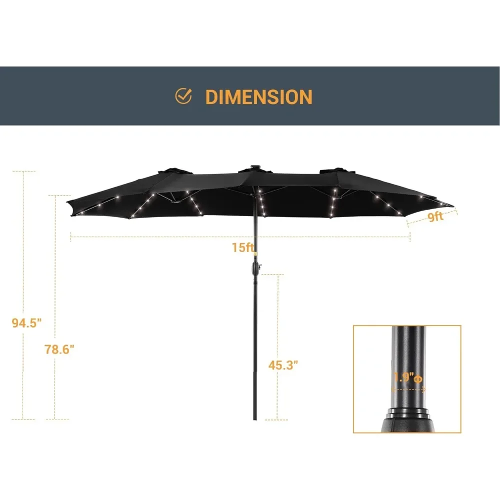 Patio Umbrella 15x9FT LED Double-sided with UPF50+ and Wind-Resistant Design, (No Base), Effortless Operation Outdoor Umbrella