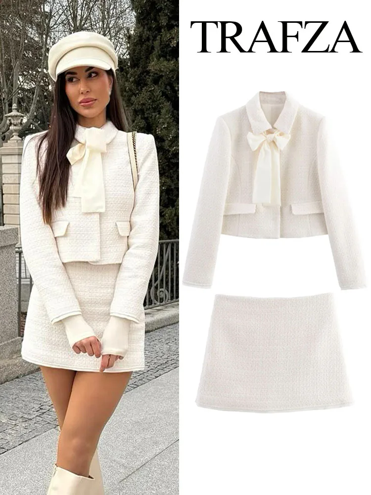 

TRAFZA Women Fashion Textured Solid Suit With Turn-down Collar Long Sleeve Bow Decoration Pocket Top+Solid Side Zipper Culottes