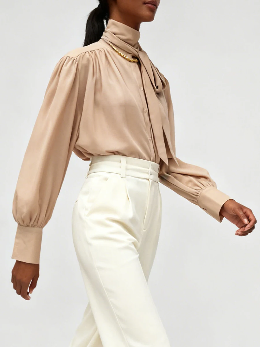 VGH Lose Falten Temperament Blusen Für Frauen Rundhals Langarm Herbst Casual Lace Up Solide Shirts Weibliche Mode Stil