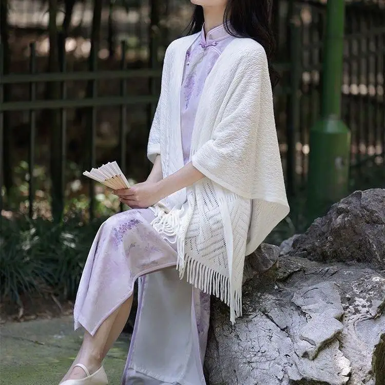 

Artistic Style Light Hollow out Tassel Shawl in Beige for Spring Summer Versatile Accessory to Match Cardigan And S...