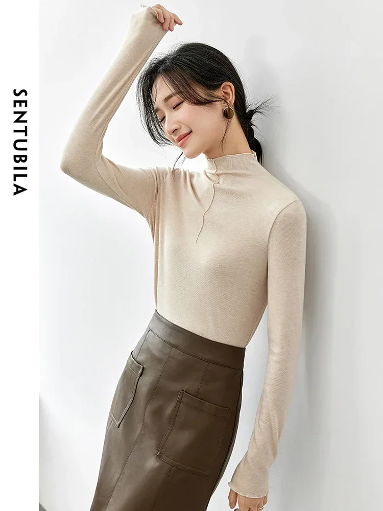 SENTUBILA Slim-fit Knitted T-shirt Women's 2025 Autumn Wave Half High Collar Long Sleeve Basic Comfort Women Tees 143S56756