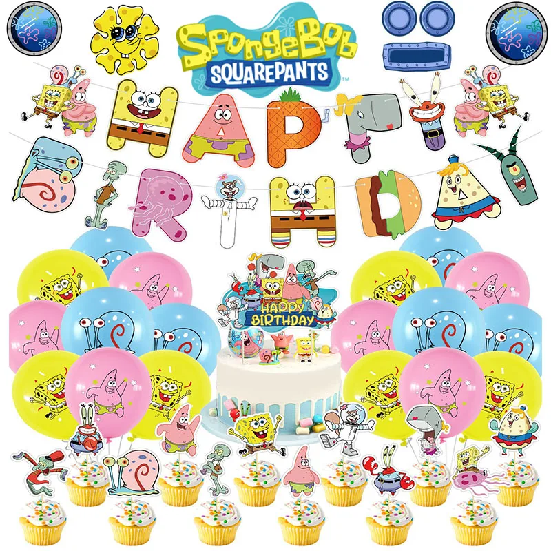 

SpongeBob SquarePants Theme Birthday Party Anime Action Figure Banners Cake Topper Balloon Decoration Baby Shower Supplies Event