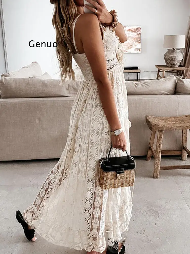 Boho Dress Women Summer Maxi Dress Lady Off Shoulder Holiday Lace V Neck Spaghetti Strap Sundress White Dress Vestidos De Mujer