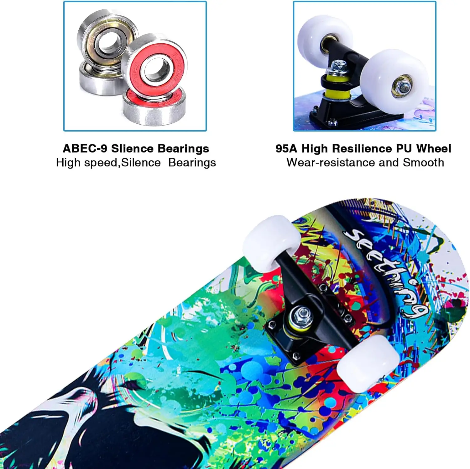 31''x8'' Complete Skateboard for Beginners & All Ages, 7-Layer Maple Deck, Double Kick Concave Design