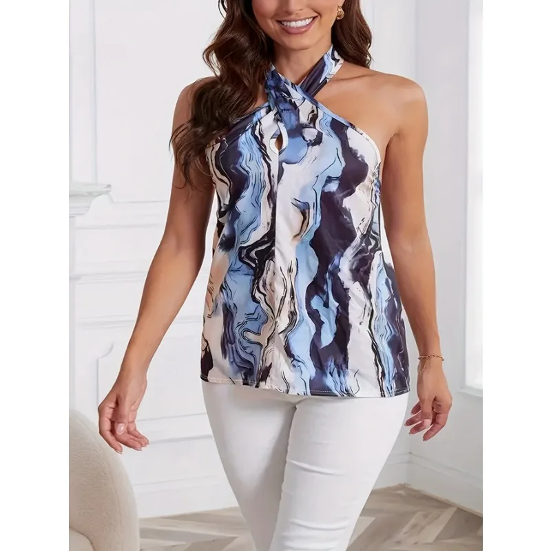 Camisola informal estampada sin mangas para mujer, camisola informal estampada con cuello colgante y espalda descubierta, talla grande 1XL-5XL, verano