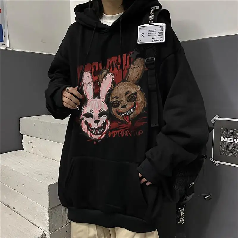 Hoodie motif kelinci gelap pria dan wanita, Hoodie longgar bergaya Korea musim gugur musim dingin untuk pasangan Hip Hop dan musim gugur