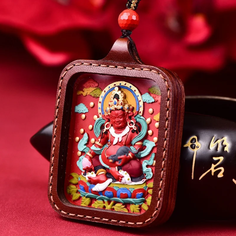 [ ] Boutique -Content Red Sand Thangka Hand-Painted Yellow God of Wealth Pendant Cowhide High-End Qua