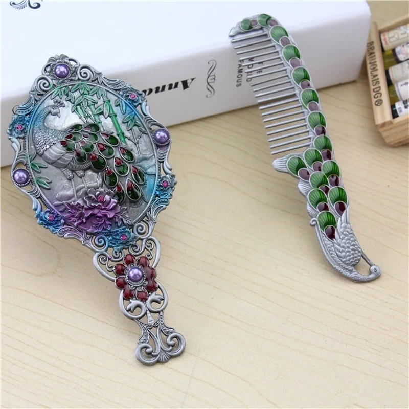 CASHOU93 Mirror Comb Retro European 3D Peacock Pattern Portable Makeup Mirror Comb Set Princess Mirror with Storage Gift Box