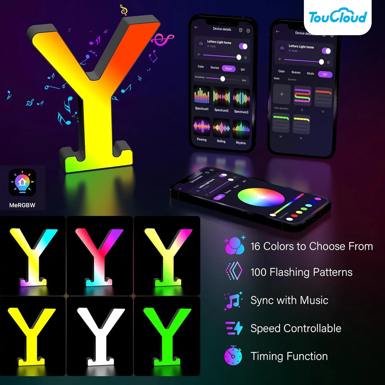 Alphabet Led Letter Light Colorful with Smart APP MeRGBW Music Sync Sign Light for Boy Girl Kids Gift Decor Night Light Letter Y