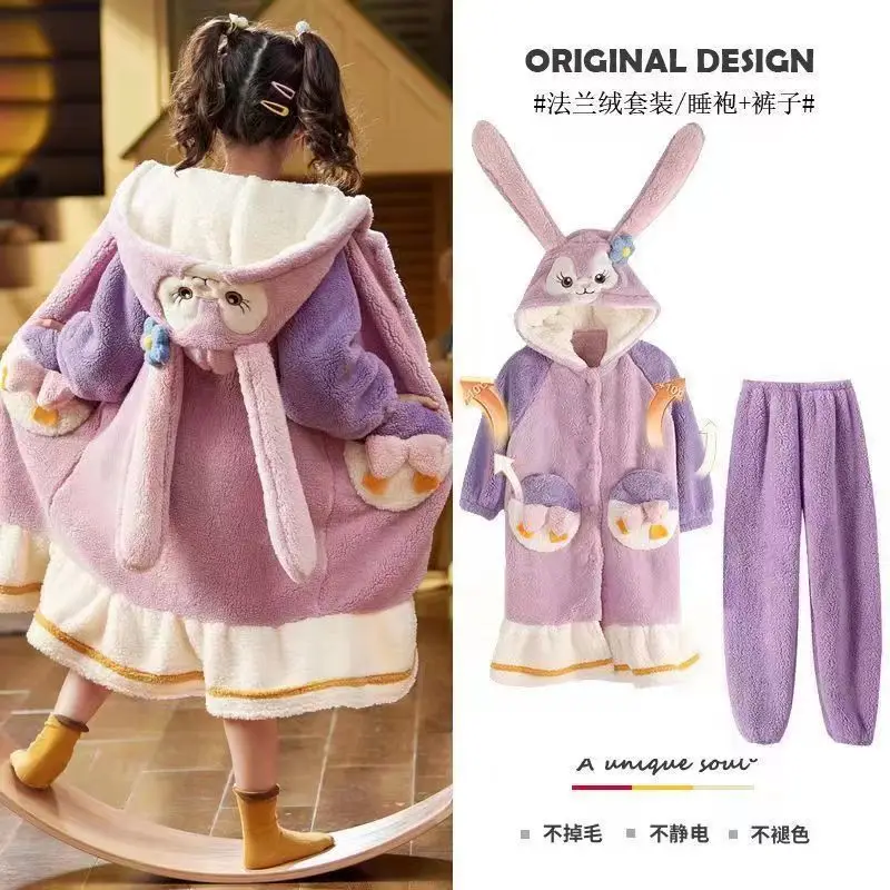 

Детский плюшевый пижамный комплект с героями мультфильмов «Дисней Стеллалу», 2 шт., кавайный утепленный модный теплый ночной халат с капюшоном для девочек и мальчиков, домашняя одежда