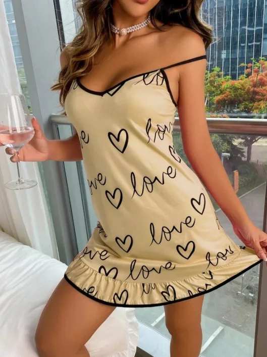 Women Cute Nightgown Pajamas Milk Silk Heart Print Sleepwear V Neck Lingerie Sexy Spaghetti Strap Nightwear Girls Homewear Dress