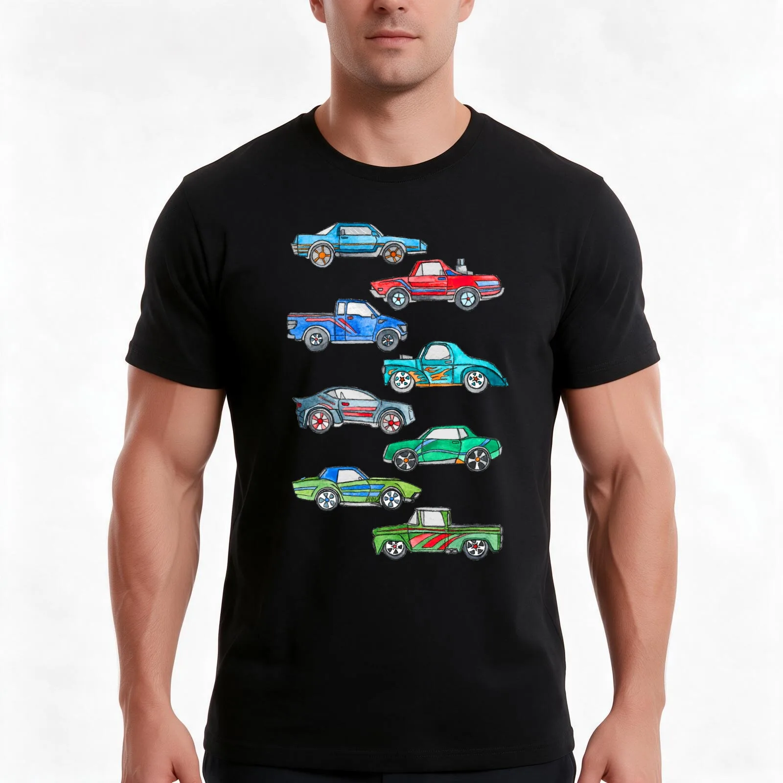 Toy Car Pile Up T-Shirt, Summer Casual Cotton Tee, Oversized Streetwear Tops, Vintage Graphic Print, Loose Fit Short Sleeve