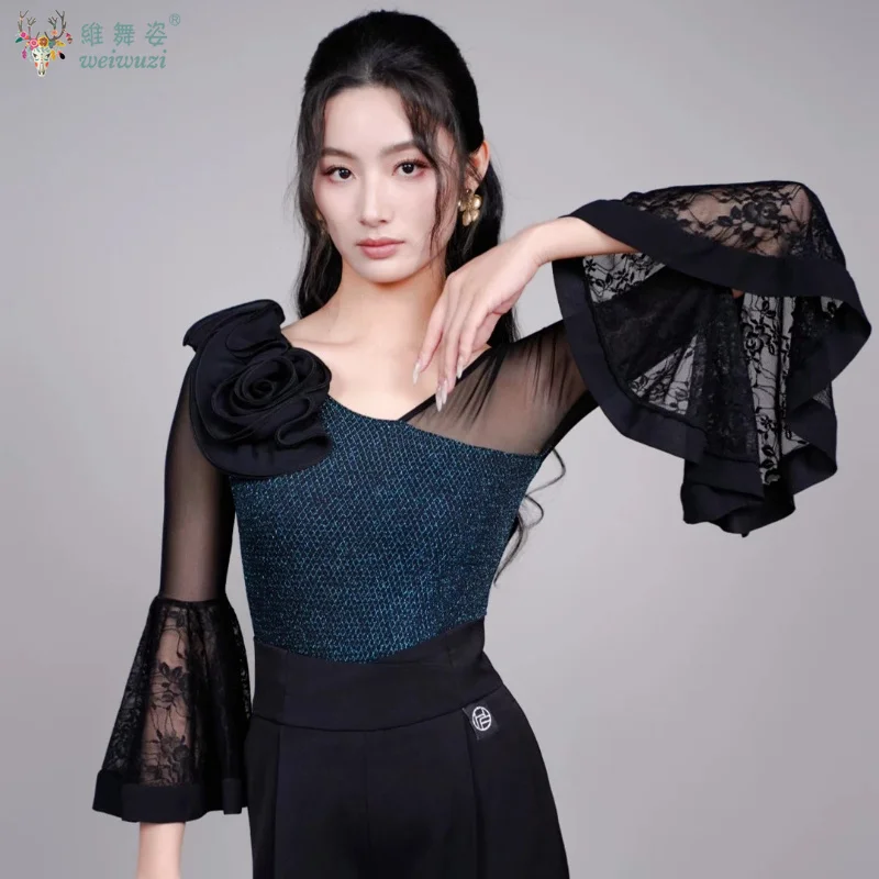 

Elegant Long Sleeved Waltz Blouse Costumes Women Performance Modern Dance Clothes Bodysuit Ballroom Latin Dance Leotard Tops