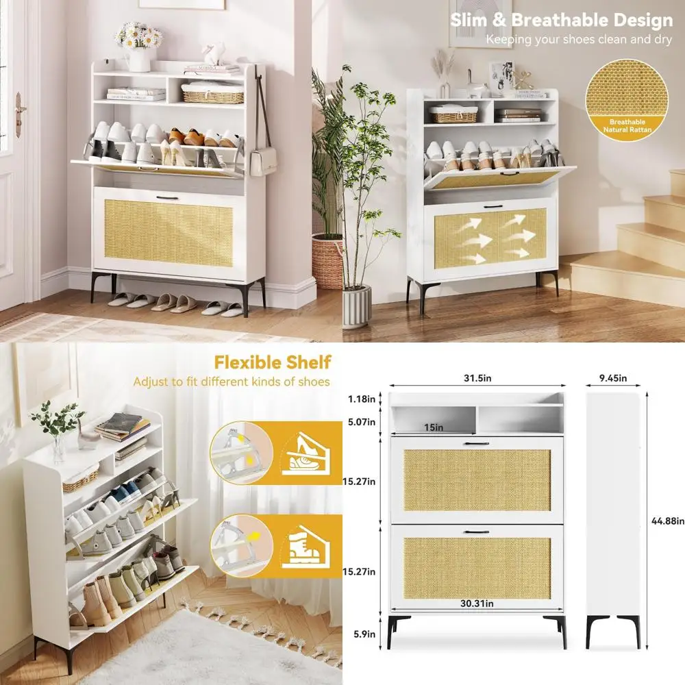 Freestanding Wooden Shoe Storage Cabinet for Entryway with 2 Flip Drawers, Narrow Design for Space-Saving Organization