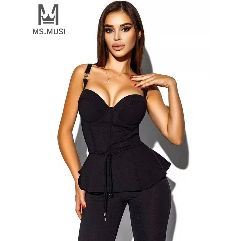 MSMUSI 2024 New Fashion Women Sexy Bandage Two Piece Set Strap Ruffles Lace Up Sleeveless Bodycon Short Top Pencil Pant Set Suit