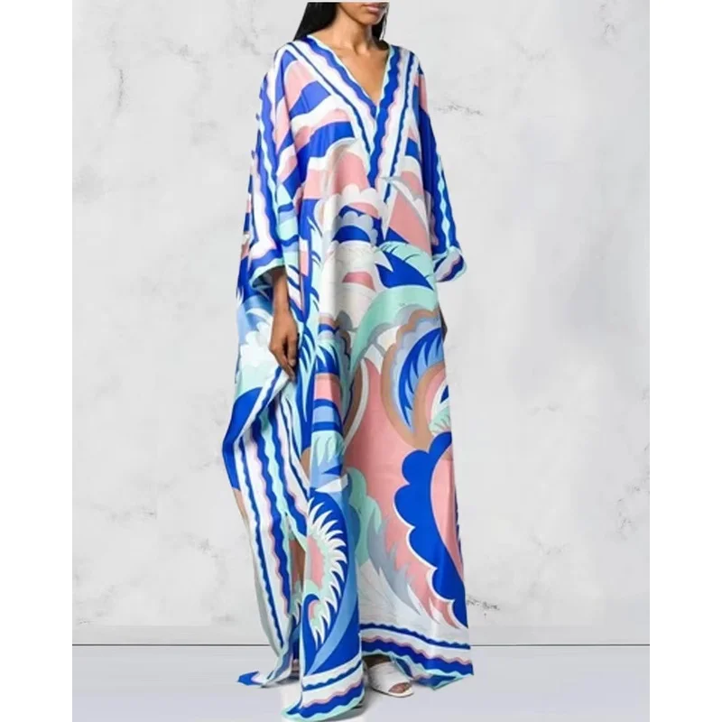 Women\'s Murah Kaftan Batik Cover Up Loose V-neck bohemian dress plus size Beach Dress Print Floral Maxi Dress