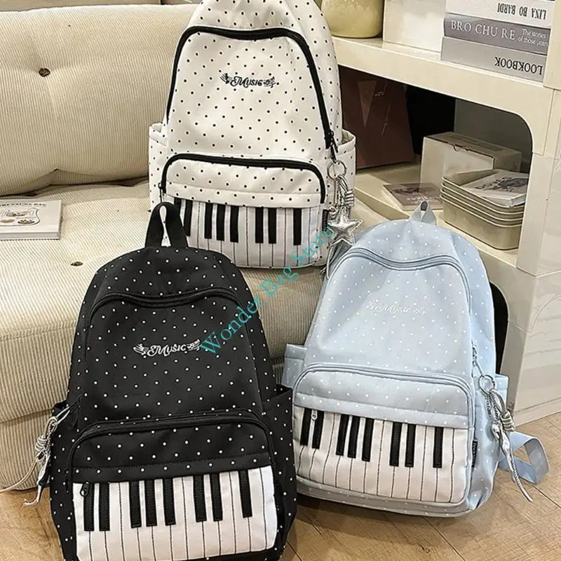 Student Dotted School Backpack with Piano Pattern Front Pocket Women Casual Large Capacity Bookbag for Travel Daily Use